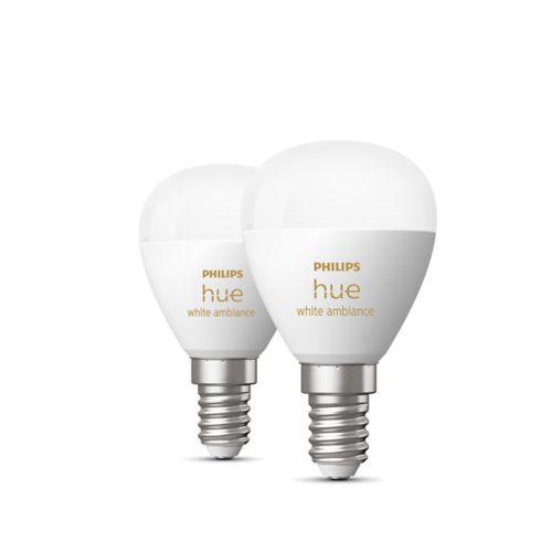 A set of smart white light bulbs with metallic screw bases, labeled hue white ambiance on the front, against a white background.