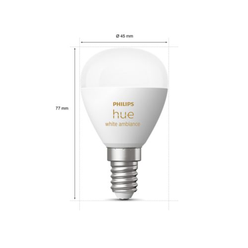 Compact white ambiance smart bulb with round shape, E14 base, matte finish, and product text indicating dimensions and type.