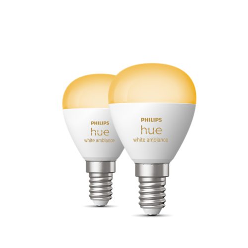 A set of smart light bulbs with white ambiance feature and screw bases, both displaying warm white illumination.