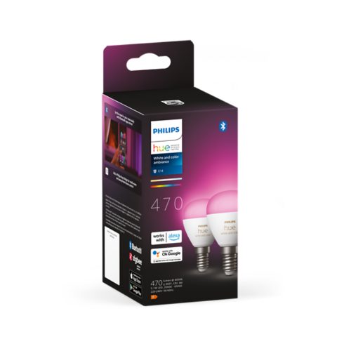 Product packaging for white and color ambiance smart bulbs, E14 base, with Bluetooth and voice assistant compatibility logos visible.