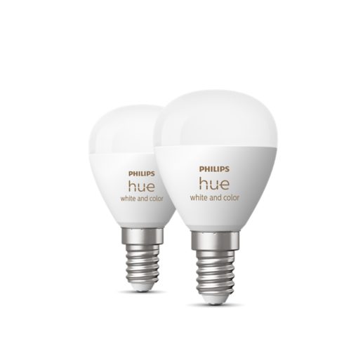 A set of white smart LED bulbs with metallic bases, labeled hue white and color, shown on a plain white background.