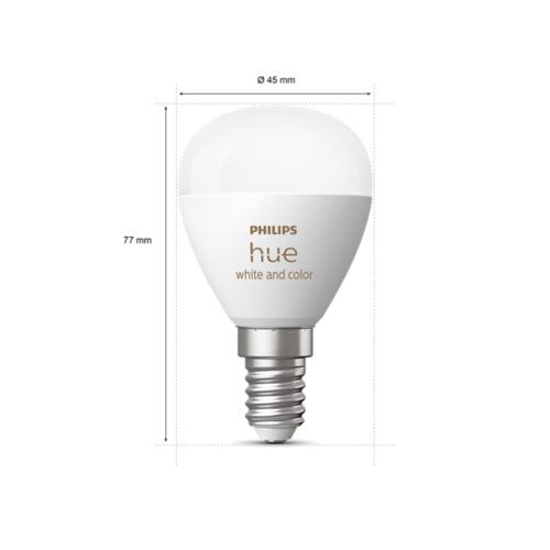 White and color smart LED candle bulb with compact, rounded shape, silver screw base, matte finish, text: white and color.