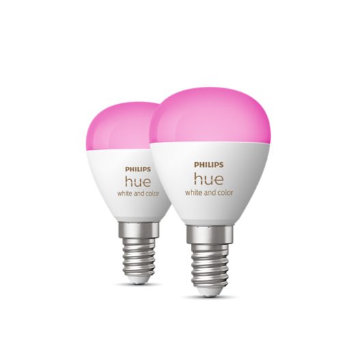 Collection of compact luster-shaped smart bulbs with a glossy pink top, metallic screw base, and white and color text visible.