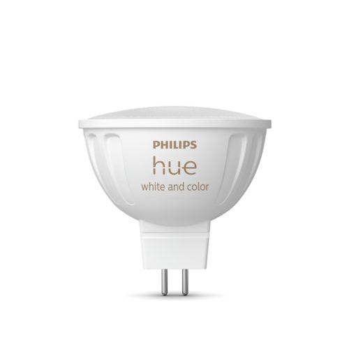 White MR16-shaped smart LED bulb with a matte finish, compact design, and visible hue white and color text on the side.