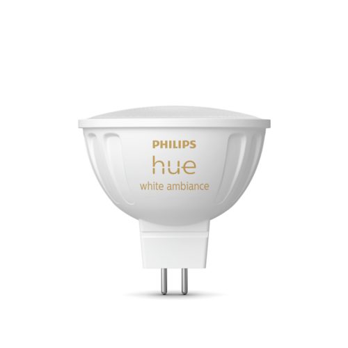 White MR16-shaped smart light bulb with two metal prongs, matte finish, and text reading hue white ambiance on the side.