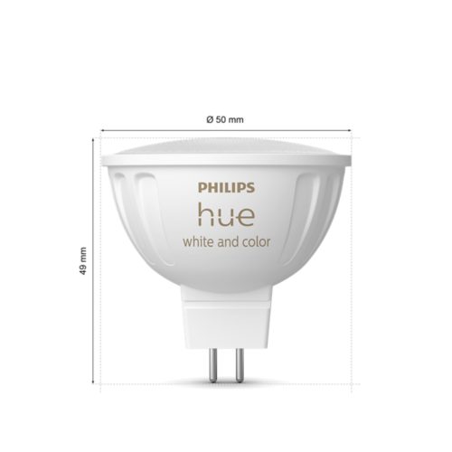 White MR16 smart light bulb with compact, rounded shape, matte finish, two metal pins, and hue white and color text.