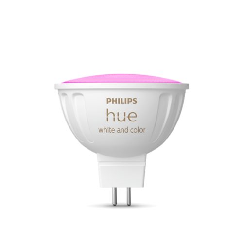 Compact MR16-shaped smart light bulb with a matte white finish, two metal pins, and a pink illuminated top. Text reads hue white and color.
