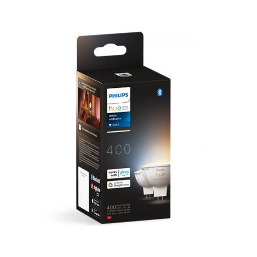 A black product box displaying white GU5.3 smart light bulbs, Bluetooth symbol, and compatibility with Alexa and Google Home.