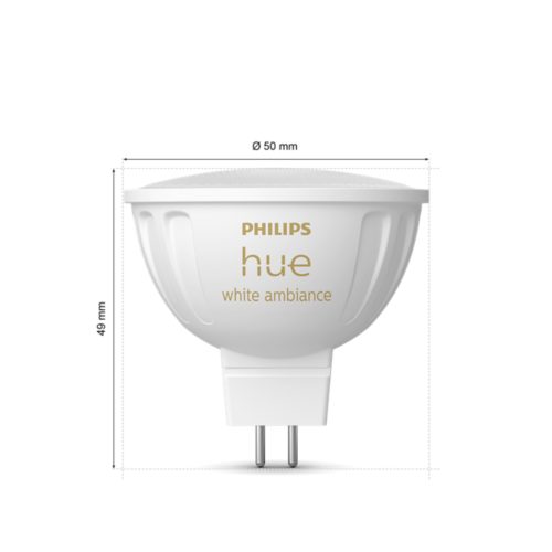 White MR16 shape smart light bulb with hue white ambiance text, matte finish, two metal pins, diameter 50 mm, height 49 mm.