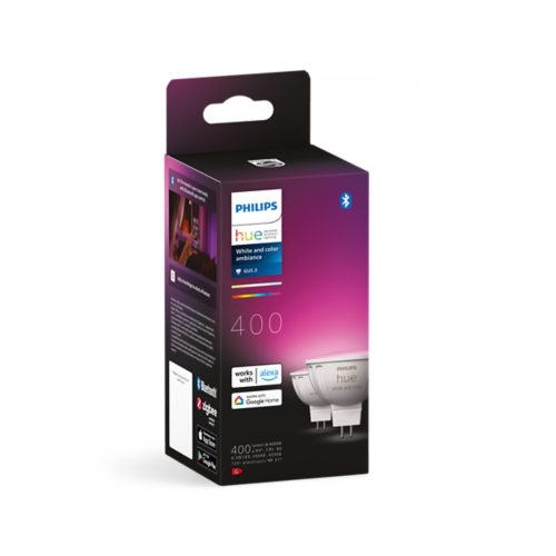 Product packaging for smart GU5.3 white and color ambiance bulbs, showing compatibility logos and technical specifications.