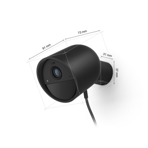 Wired black Hue Secure Cam with a compact cylindrical shape, matte finish, visible lens, cable, and labeled dimensions.