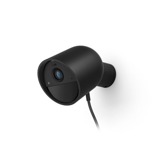 Wired black Hue Secure Cam, cylindrical shape, matte finish, compact design, visible lens and cable connection.