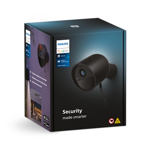 Product packaging showing a black wired security camera with text Security made smarter and indoor/outdoor use details.