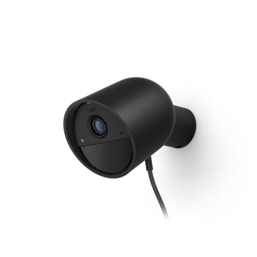 Black Hue Secure Cam Wired, cylindrical shape with matte finish, visible lens and cable, compact wall-mounted design.