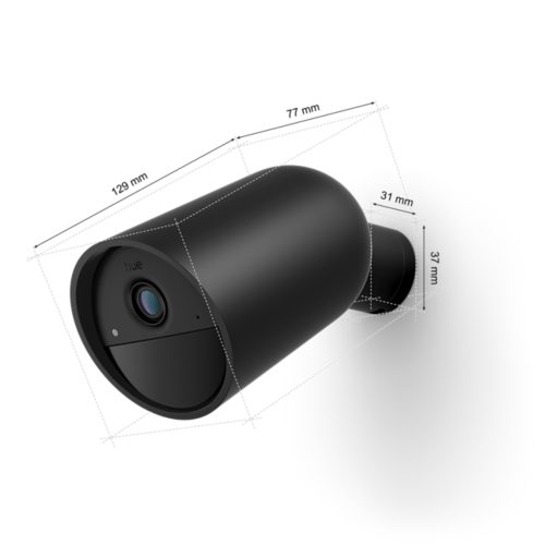 Black cylindrical battery-powered security camera with matte finish, lens, indicator light, and dimensions labeled in millimeters.
