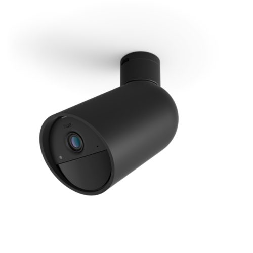 Black cylindrical Hue Secure Cam Battery security camera with matte finish, visible lens, and compact design mounted on a surface.