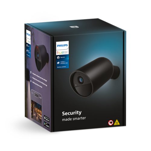 Product box displaying a black battery camera with lens, labeled Security made smarter and indoor/outdoor use icons visible.