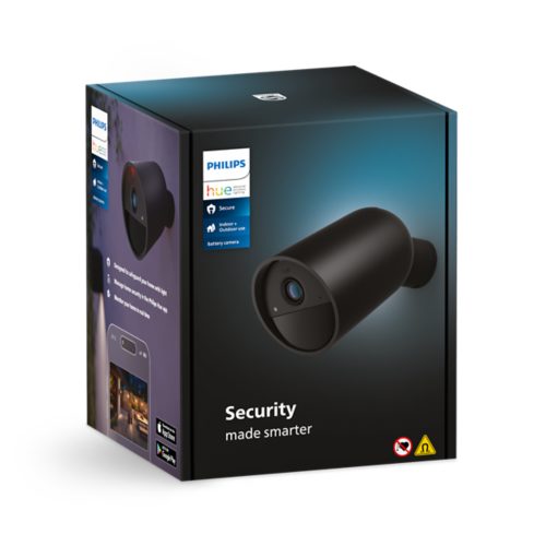 Product packaging showing a black battery camera with text: Security made smarter and indoor or outdoor use details.