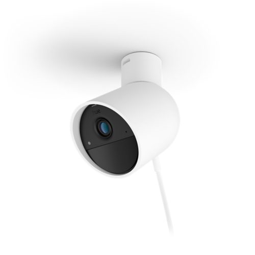 Wired cylindrical white security camera with matte finish, black front panel, visible lens, and cable attached at the back.