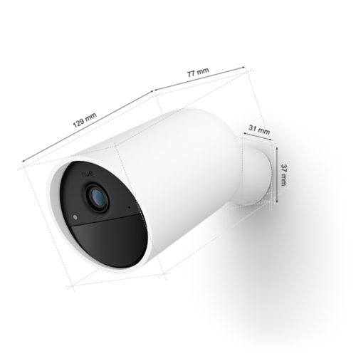 White cylindrical battery-powered security camera with matte finish, black circular face, lens, and visible dimensions in millimeters.