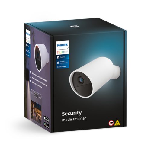 Product packaging of a white battery security camera with text Security made smarter and icons for indoor and outdoor use.