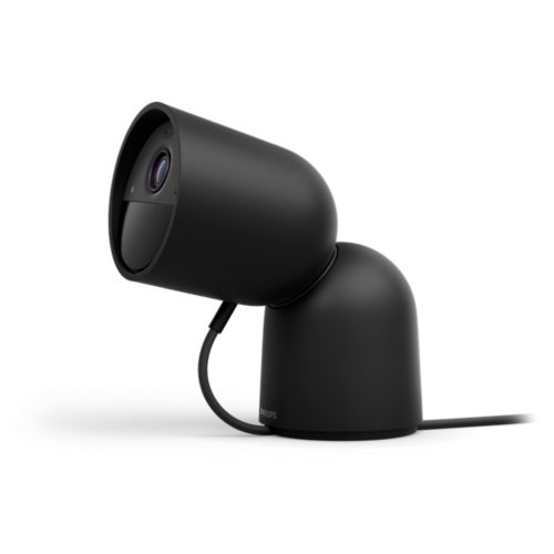 Black Hue Secure Cam wired security camera with cylindrical shape, desktop stand, compact matte finish, and visible cable connection.