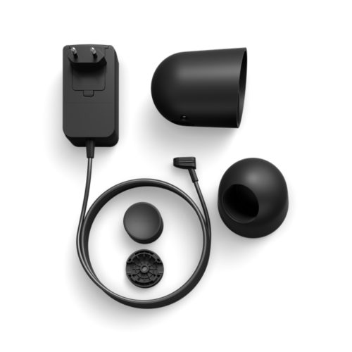 Collection of black wired security camera components, including power adapter, cable, desktop stand, and mounting accessories on white background.