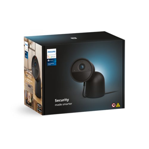 Product packaging showing a black smart security camera with the text Security made smarter on the front of the box.