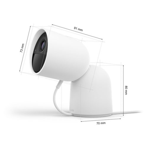 White wired desktop security camera with a matte finish, cylindrical shape, visible lens, and measured dimensions in millimeters.