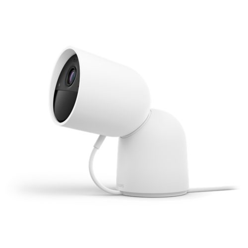 White cylindrical wired security camera with a matte finish, compact desktop stand, and visible lens on the front.