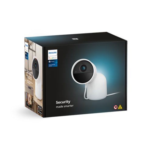 Box displaying a wired desktop security camera in a rounded shape with a white matte finish and visible lens on the front.