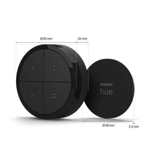 Black Tap dial switch with a round shape, matte finish, four buttons, and mini mount, dimensions labeled in millimeters.