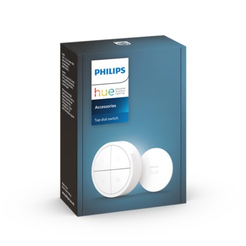 Product box featuring a tap dial switch accessory with white circular buttons and labeled text Tap dial switch on the packaging.