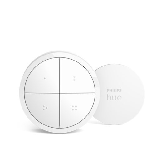 White Tap dial switch with round shape, matte finish, four quadrant buttons, and a compact mounting plate labeled hue.