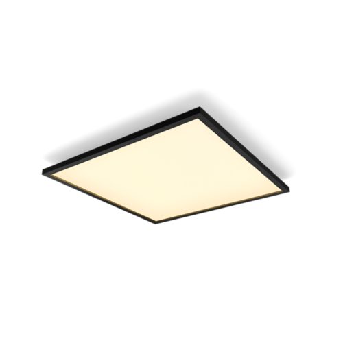 Square-shaped Aurelle panel light, black frame, flat design, ceiling mounted, illuminated with a smooth matte finish.