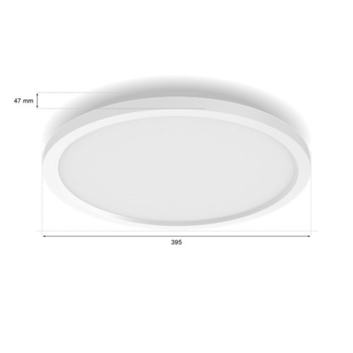 Surimu round smart ceiling panel in white, flat matte finish, showing 47 mm height and 395 mm diameter measurements.