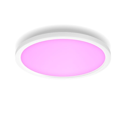 Round Surimu smart ceiling panel with white frame, pink illuminated surface, flat profile, and smooth matte finish.