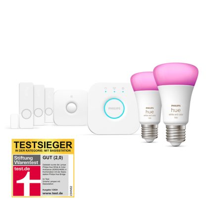 Nahaufnahme der Vorderseite von Secure Starter-Set: E27 Lampe A60 2er-Pack 1100 + Kontaktsensoren 3er-Pack weiß + Bewegungsmelder