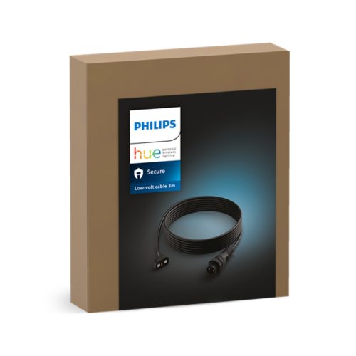 Product packaging displaying a black low-volt cable with cylindrical connectors, compact design, and matte finish. Text: Low-volt cable 3m.