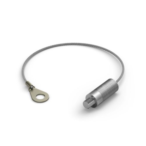 Anti-theft cable accessory, featuring a metallic braided wire, a looped end, and a textured cylindrical screw connector.