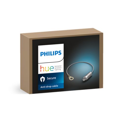 Product packaging featuring a metallic anti-drop cable with a loop and connector, and visible text Secure Anti-drop cable.