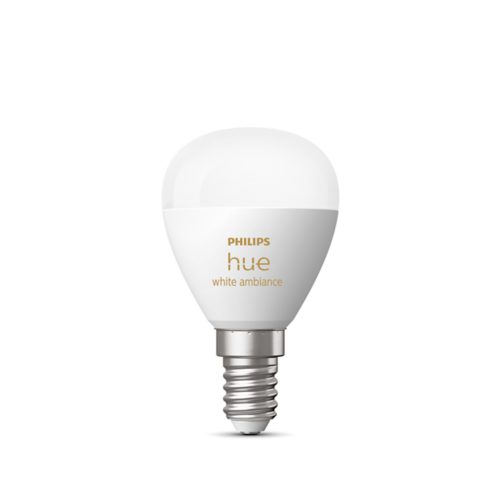 White ambiance smart bulb with a compact luster shape, glossy finish, and visible screw base. Text reads hue white ambiance.