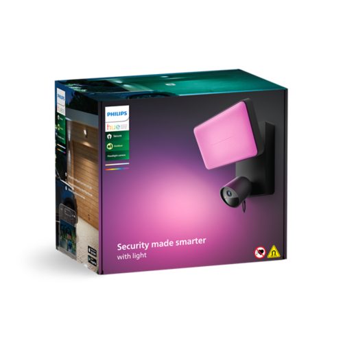 Product packaging showing a floodlight camera with a pink light, text reads Security made smarter with light on the front.
