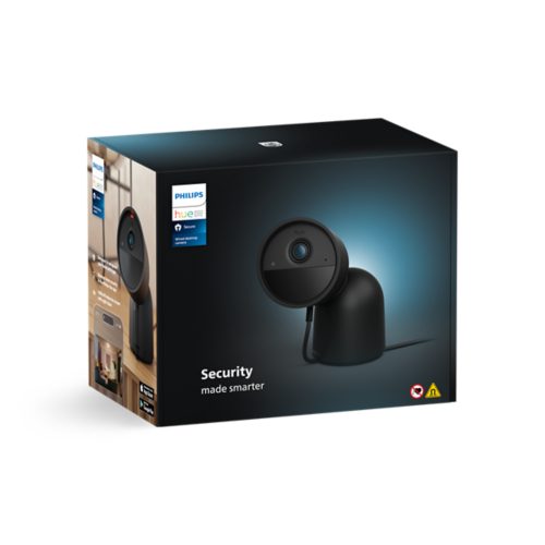 Product packaging showing a black wired desktop security camera with the text Security made smarter on the front of the box.