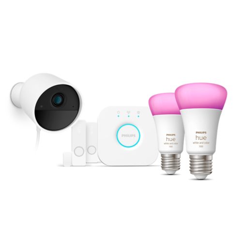 A set of smart lighting bulbs with pink illumination, a security camera, sensors, and a central hub, all in white finish.
