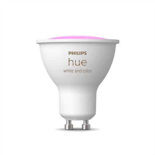 White GU10 smart bulb with compact shape, matte finish, visible GU10 base, and pink illuminated top. Text reads “white and color”.