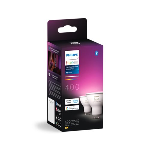White and color ambiance GU10 smart bulb collection with a matte finish, shown on a product box with visible compatibility icons.