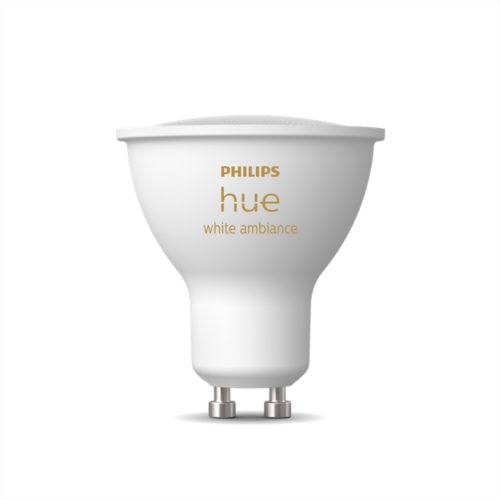 White GU10 smart light bulb with hue white ambiance text, compact design, metallic base, and matte finish.