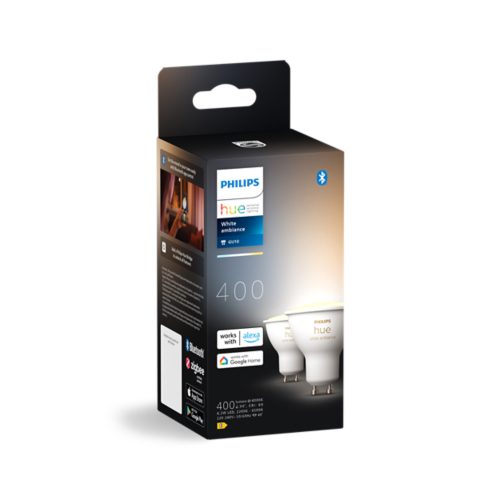 Box of GU10 white ambiance smart light bulbs with a white matte finish, showing product images and compatibility icons on the packaging.