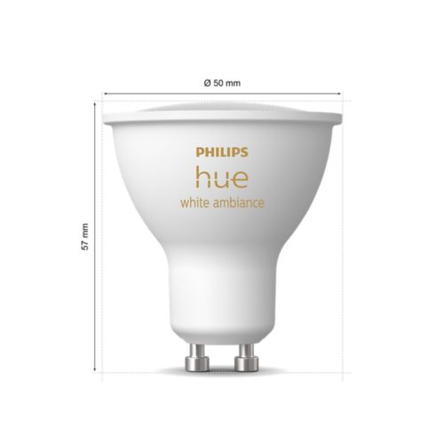 White GU10 smart light bulb with matte finish, compact design, visible metal pins, and text reading hue white ambiance Ø 50 mm 57 mm.